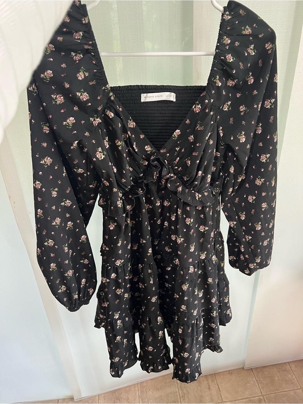 NWOT altar d state Black Floral V-Neck Ruffle Mini Dress